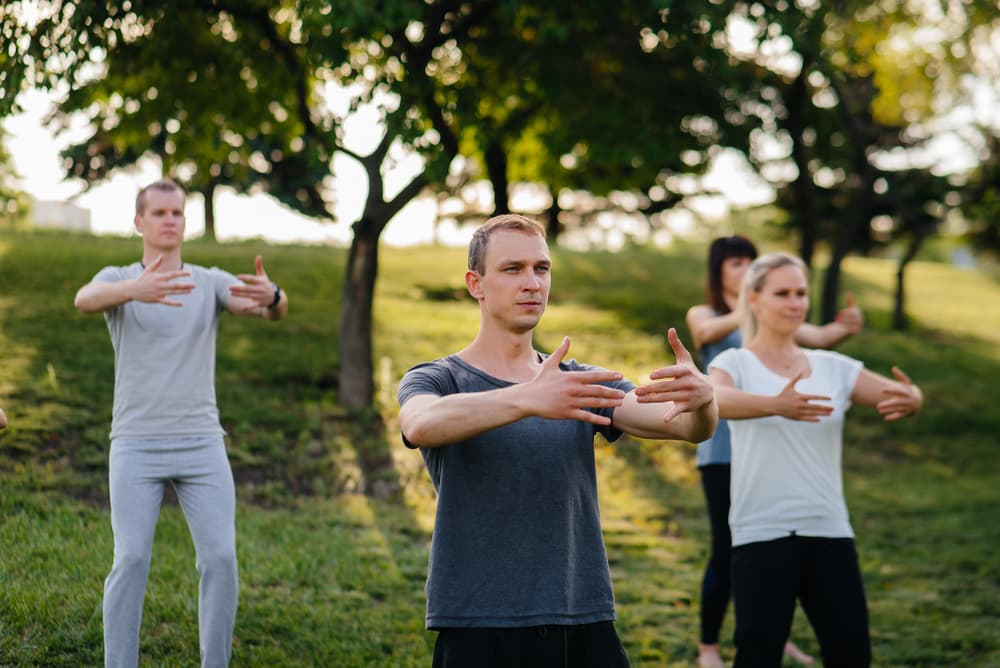 "Group of individuals practicing Qigong outdoors in a serene park setting, with focused movements and a backdrop of lush greenery and dappled sunlight.