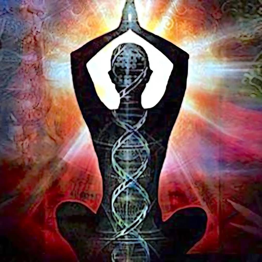A person doing Qigong in front of a colorful background.