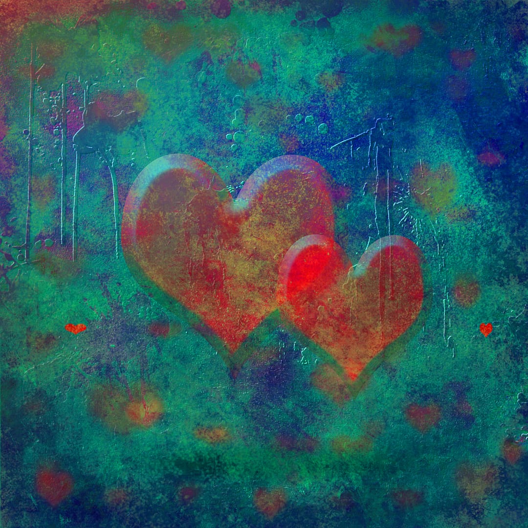 Artistic representation of two vibrant red hearts set against a textured, multicolored abstract background, symbolizing love and emotional depth.