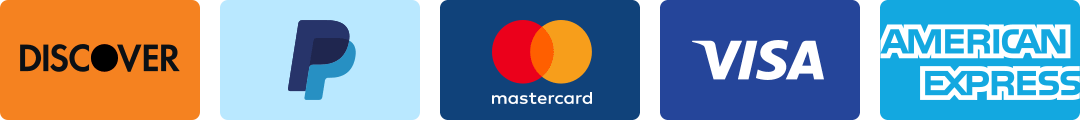 Image displaying accepted payment methods with logos for Discover, PayPal, Mastercard, Visa, and American Express, arranged in a row. Each logo is set against a distinct background color, indicating the variety of payment options available for transactions.