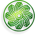 Green circular emblem featuring a geometric pattern of intertwining petal-like shapes radiating from a central circle, symbolizing unity, motion, and natural harmony.
