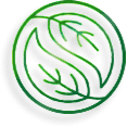 Green circular emblem featuring a stylized design of two intertwined leaves forming a yin-yang shape, symbolizing balance, nature, and sustainability.