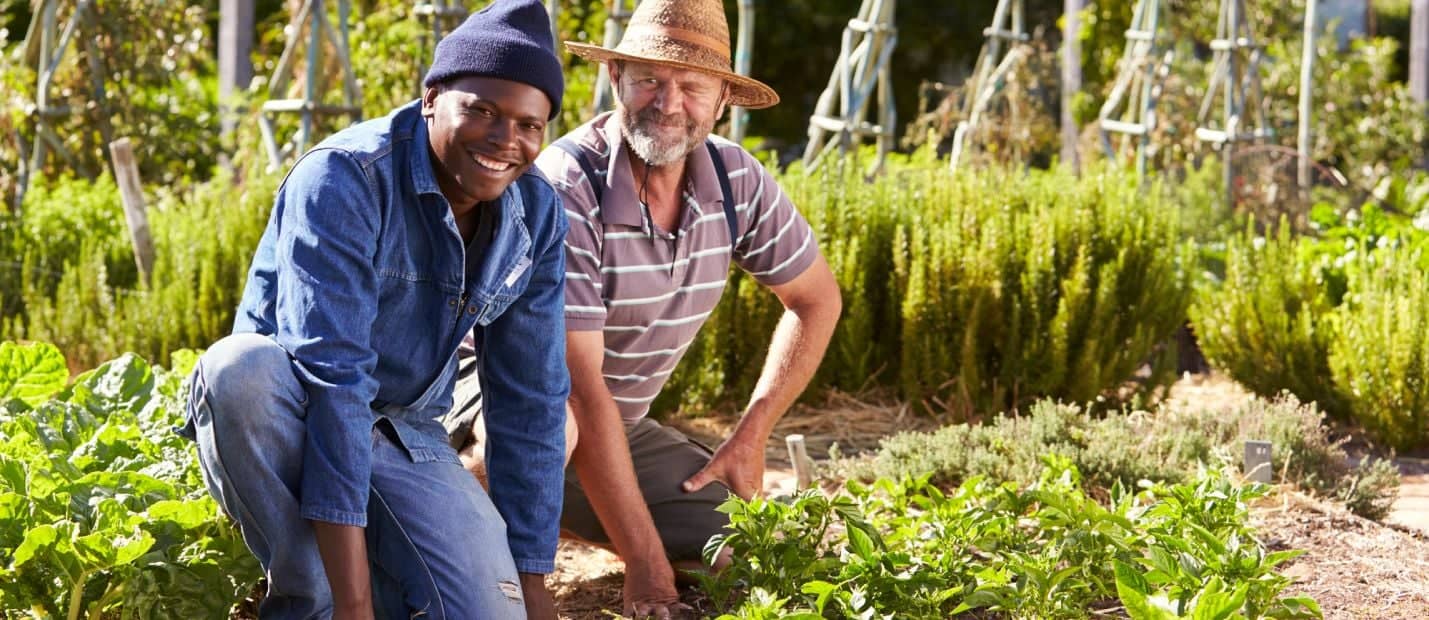 A couple of men standing next to each other in a field.