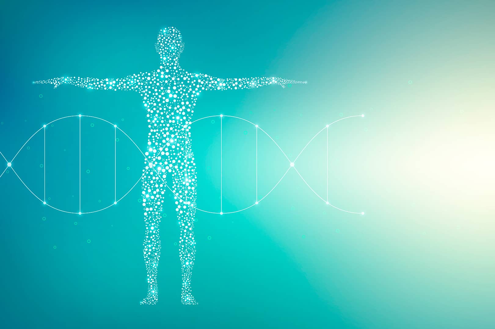 Digital illustration of a human figure composed of glowing interconnected dots, symbolizing energy and connectivity, set against a gradient blue-green background with subtle curved lines representing waves or frequency patterns.