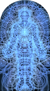 Ethereal illustration of a human figure surrounded by intricate, interconnected concentric circles of energy, symbolizing the flow of life force and spiritual connection. The figure glows with radiant blue light, emphasizing an illuminated central core, used for Spring 2024 Retreats - Kiva Healing Livestreams.