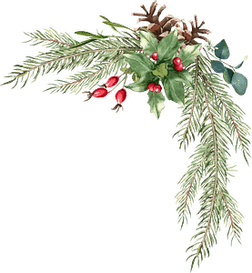 Festive holiday arrangement featuring evergreen branches, holly leaves, red berries, and pinecones.