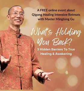Master Mingtong Gu smiles warmly in a golden-red traditional Chinese jacket, with open hands in a welcoming gesture.