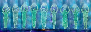 A digital artwork depicting eight human figures made of water, standing in a row against a fluid, blue-toned background. Each figure is in the "Lift Chi Up, Pour Chi Down" Qigong posture, raising their arms above their heads while holding a glowing energy sphere.