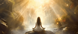 A woman with flowing hair sits in a meditative Qigong pose on a rock amidst a luminous forest, rays of sunlight piercing through the canopy.