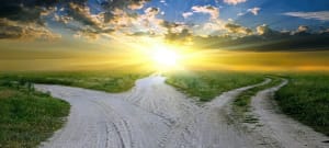 A serene landscape at sunrise with a forked dirt path leading towards the radiant horizon, symbolizing choices, new beginnings, and the journey of self-discovery for the Spring 2024 Mini-Retreat Series.