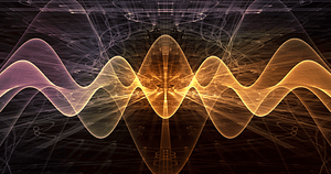 Digital artwork depicting intertwined sound waves in radiant orange and yellow tones, emanating from a central bright source against a complex, dark abstract background, symbolizing energy and vibration.