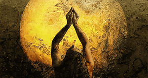 A mystical image depicting a Wisdom Healing Qigong full moon practice, set against a textured, grunge-style background. In the foreground, a silhouette of a person performs a Wisdom Healing Qigong pose with arms raised and hands meeting above, aligned perfectly with a glowing full moon. The scene conveys a deep sense of spirituality and connection with the lunar cycle, ideal for practices like Wisdom Healing Qigong that harmonize body and mind with natural rhythms.