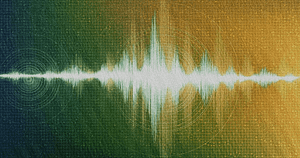 Abstract digital art of a sound wave in vibrant green and gold, symbolizing the harmonious energy flows in Wisdom Healing Qigong practices.