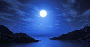 A captivating nighttime landscape featuring a luminous full moon casting its radiant light over a serene lake, flanked by dark, jagged mountains under a swiftly moving sky. This mystical setting evokes a sense of pure consciousness, ideal for Wisdom Healing Qigong meditation to connect deeply with the universe's energy.