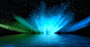 A mesmerizing display of luminous blue and green light beams emanating from a single point over a serene lake under a star-filled night sky. This captivating visual metaphor represents the expansive state of pure consciousness achieved through Wisdom Healing Qigong practices, inviting a deep sense of peace and cosmic connection.