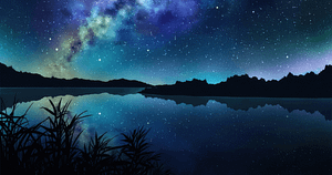 Stunning night landscape depicting a serene lake reflecting the Milky Way, with the starry sky merging seamlessly into the water. The scene is surrounded by dark silhouettes of trees and the gentle outline of hills, evoking a sense of pure consciousness and tranquility associated with Wisdom Healing Qigong meditation.