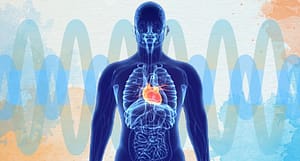 A digital illustration of a human body with a transparent blue outline highlighting internal organs, focusing on a glowing red heart. Wavy lines in the background symbolize energy or sound waves, set against a watercolor-textured backdrop. Perfect for themes of heart health, energy healing, and the connection between body and vibrations.