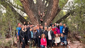 Group of people gathered around the Grandmother Tree, an ancient and majestic cottonwood, celebrating its natural beauty and spiritual significance in a lush forest setting.