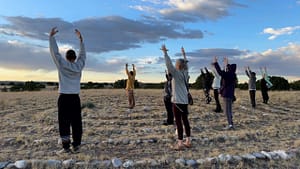 A group of individuals practicing Qigong outdoors at sunset, surrounded by an open field and a serene sky with scattered clouds.