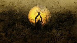 A mystical image depicting a Wisdom Healing Qigong full moon practice, set against a textured, grunge-style background. In the foreground, a silhouette of a person performs a Wisdom Healing Qigong pose with arms raised and hands meeting above, aligned perfectly with a glowing full moon. The scene conveys a deep sense of spirituality and connection with the lunar cycle, ideal for practices like Wisdom Healing Qigong that harmonize body and mind with natural rhythms.