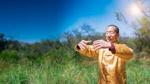 Master Mingtong Gu practices Qigong outdoors, dressed in a traditional golden silk robe that reflects the sunlight. With a calm expression, his hands are gracefully positioned in a Qigong posture, embodying focused energy and tranquility. The lush green landscape and bright blue sky around him create a serene backdrop, symbolizing the integration of ancient wisdom with modern healing practices. This image reflects themes of holistic wellness, inner medicine, and the restorative power of Qigong.