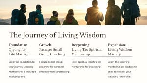 Group of hikers standing on a mountain summit at sunrise, symbolizing the four stages of the Journey of Living Wisdom: Foundation, Growth, Deepening, and Expansion, as described in the program overview