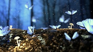 A magical forest scene with glowing white mushrooms sprouting from the forest floor, surrounded by delicate blue butterflies fluttering in the air against a blurred, twilight backdrop. Tiny glowing particles add a sense of enchantment to the atmosphere.