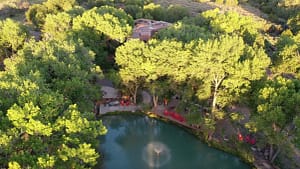 Aerial view of the peaceful pond at The Southwest Sanctuary, surrounded by tall cottonwood trees and vibrant greenery.