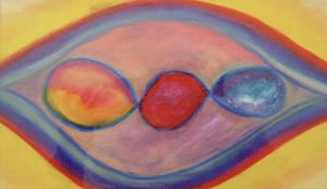 Abstract painting featuring three centrally placed oval shapes, each filled with radiant colors—orange and yellow on the left, solid red in the middle, and blue and grey on the right. These shapes are surrounded by sweeping curves of orange and blue, set against a soft yellow background, creating a sense of movement and harmony.