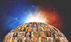 A collage of The Chi Center members' faces in the center of a sphere.