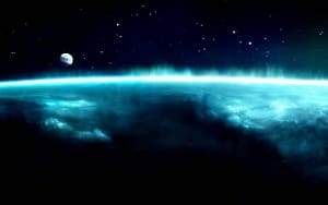 A breathtaking celestial scene showing a radiant horizon line where the atmosphere meets the cosmos, illuminated by a soft, ethereal glow. Above, a detailed moon hangs in a star-studded sky, creating a surreal and tranquil setting that embodies the essence of Wisdom Healing Qigong focus on cosmic harmony and inner peace.