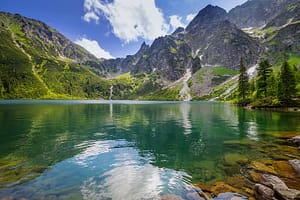 Landscape photo of mountains by a lake