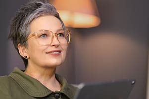 A confident woman with short gray hair and large glasses smiles softly while looking upward, sitting indoors with warm lighting in the background.