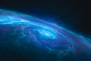 A stunning cosmic swirl of vibrant blue and purple hues resembling a spiral galaxy in the vastness of space, symbolizing infinity, mystery, and universal energy. Ideal for themes of cosmic exploration, spirituality, and interconnectedness.