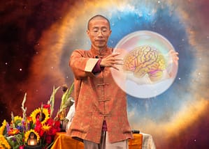 Master Mingtong Gu performing a Wisdom Healing Qigong practice, energetically holding a visualized brain within a luminous orb, set against a cosmic background of vibrant colors and light, symbolizing mind-body healing and transformation.