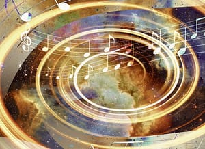 Digital artwork featuring golden musical notes and staves swirling around a colorful cosmic nebula, with a blend of deep orange and blue hues under a starry sky, creating a surreal and harmonious depiction of music in the universe.