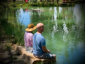 Peaceful garden setting featuring vibrant greenery, a serene seating area with red chairs, and a tranquil atmosphere perfect for relaxation and mindfulness.