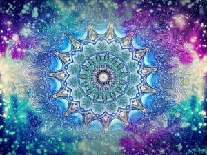 A vibrant and intricate mandala design featuring shades of blue, green, and purple, surrounded by a glowing cosmic background with light speckles resembling stars. Perfect for themes of spirituality, meditation, and cosmic energy alignment.