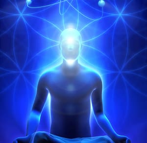 A glowing figure sits cross-legged in a meditative posture, surrounded by radiant blue energy patterns. The figure's head and body emit a powerful light, symbolizing inner energy and connection to a higher consciousness