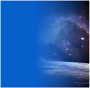 Abstract image featuring a view of Earth from space transitioning into a deep blue background with a star-filled galaxy, symbolizing universal connection and cosmic exploration.