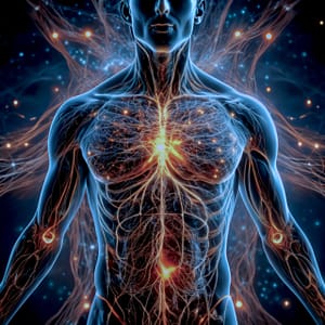 Visualization of a human torso with glowing energy lines, representing sound healing Qigong and the connection between mind, body, and energy flow.