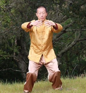 Master Mingtong Gu practicing Qigong outdoors in a serene natural setting, demonstrating energy cultivation techniques.