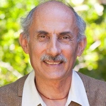 A smiling man with short gray hair and a mustache, wearing a light shirt and brown jacket, standing outdoors against a vibrant green background, exuding warmth and wisdom.