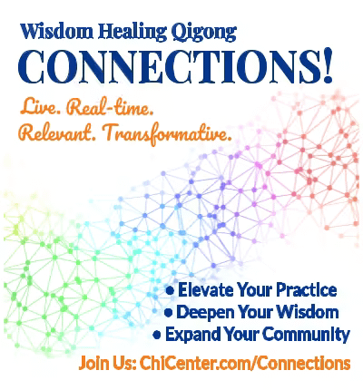 Promotional graphic for "Wisdom Healing Qigong CONNECTIONS!" featuring the tagline "Live. Real-time. Relevant. Transformative." The design includes a colorful network of interconnected nodes in a gradient of green, blue, purple, and orange. The text highlights benefits such as "Elevate Your Practice," "Deepen Your Wisdom," and "Expand Your Community," with a call-to-action to join at ChiCenter.com/Connections.