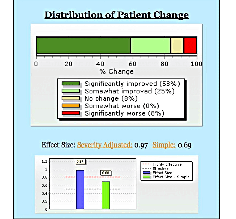 Chart showing the distribution of patient change percentages, highlighting categories such as significantly improved (89%), somewhat improved (5%), no change (0%), somewhat worse (5%), and significantly worse (0%). A bar graph compares severity-adjusted effect size (1.89) and simple effect size (1.64) for treatment effectiveness.