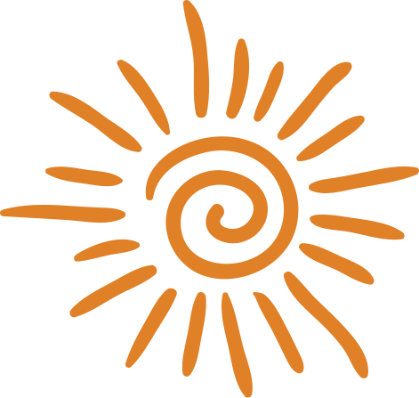 Simple orange line drawing of a sun with a spiral center and radiating rays, representing warmth, energy, and vitality.