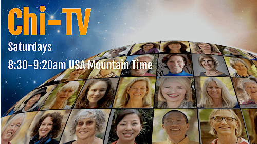 Promotional image for Chi-TV featuring a globe covered with smiling faces of diverse individuals, with text indicating 'Chi-TV Saturdays, 8:30–9:20am USA Mountain Time,' highlighting a global community and connection.