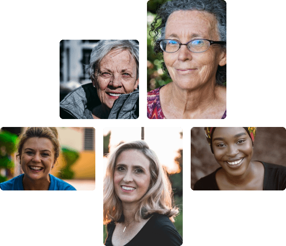 A collage of diverse women of different ages and ethnicities smiling warmly, symbolizing community, empowerment, and connection.