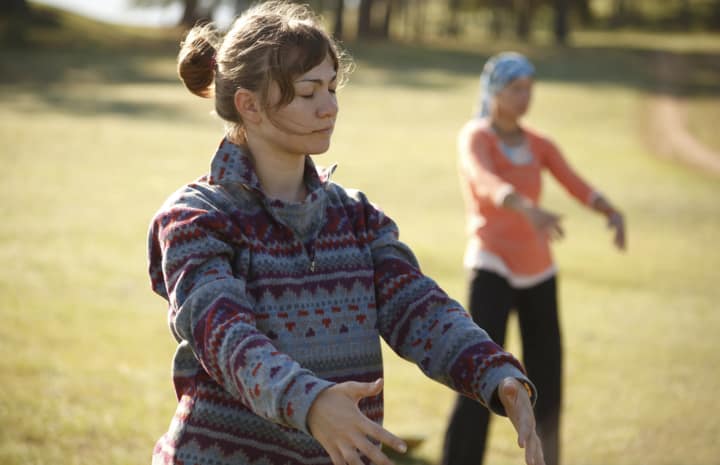 Two women practicing Qigong outdoors in a sunlit grassy field, focusing on gentle movements and mindfulness, with a serene and peaceful atmosphere.